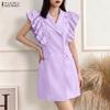 Women Elegant Turn Down Collar Ruffles Splice Sleeveless Casual Sheath Dress