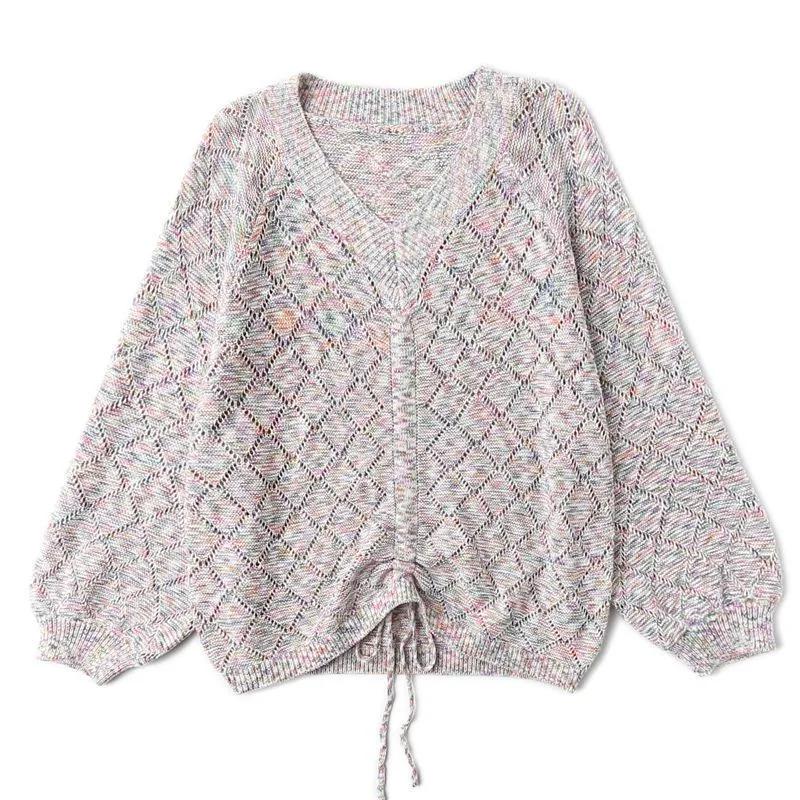 Spring and Autumn Women's Drawstring Tops, New Bottoming Shirts, Thin Loose Plus Size Korean Sweaters, V-neck