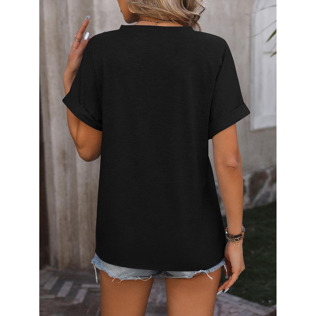 Women's Fashion V-Neck Button T-Shirt Colour Loose Short Sleeve Top