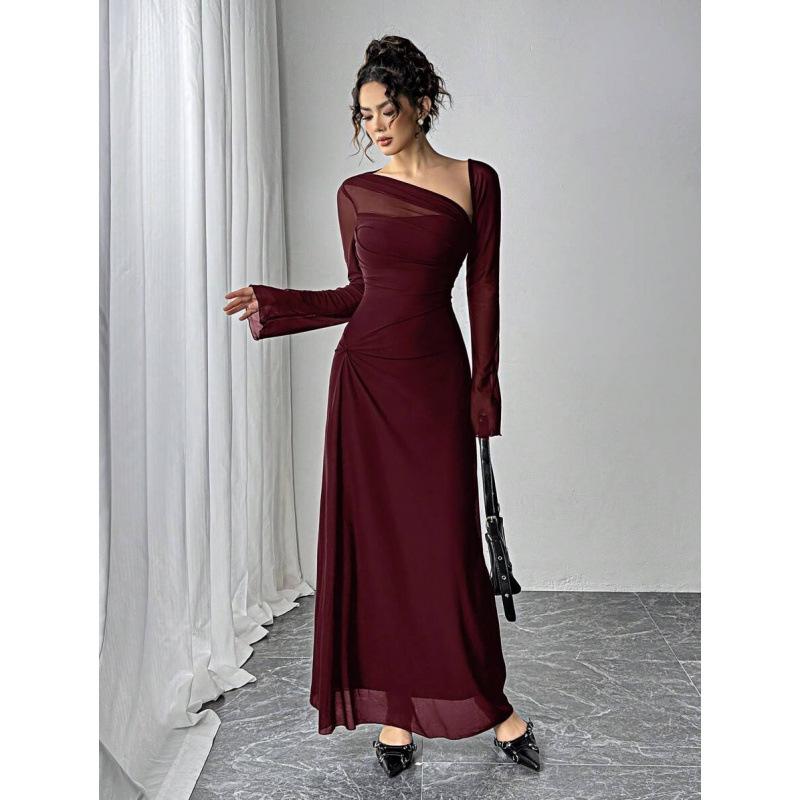 Europe, America 2026 summer new asymmetrical neckline long sleeve elegant fashion temperament dress women
