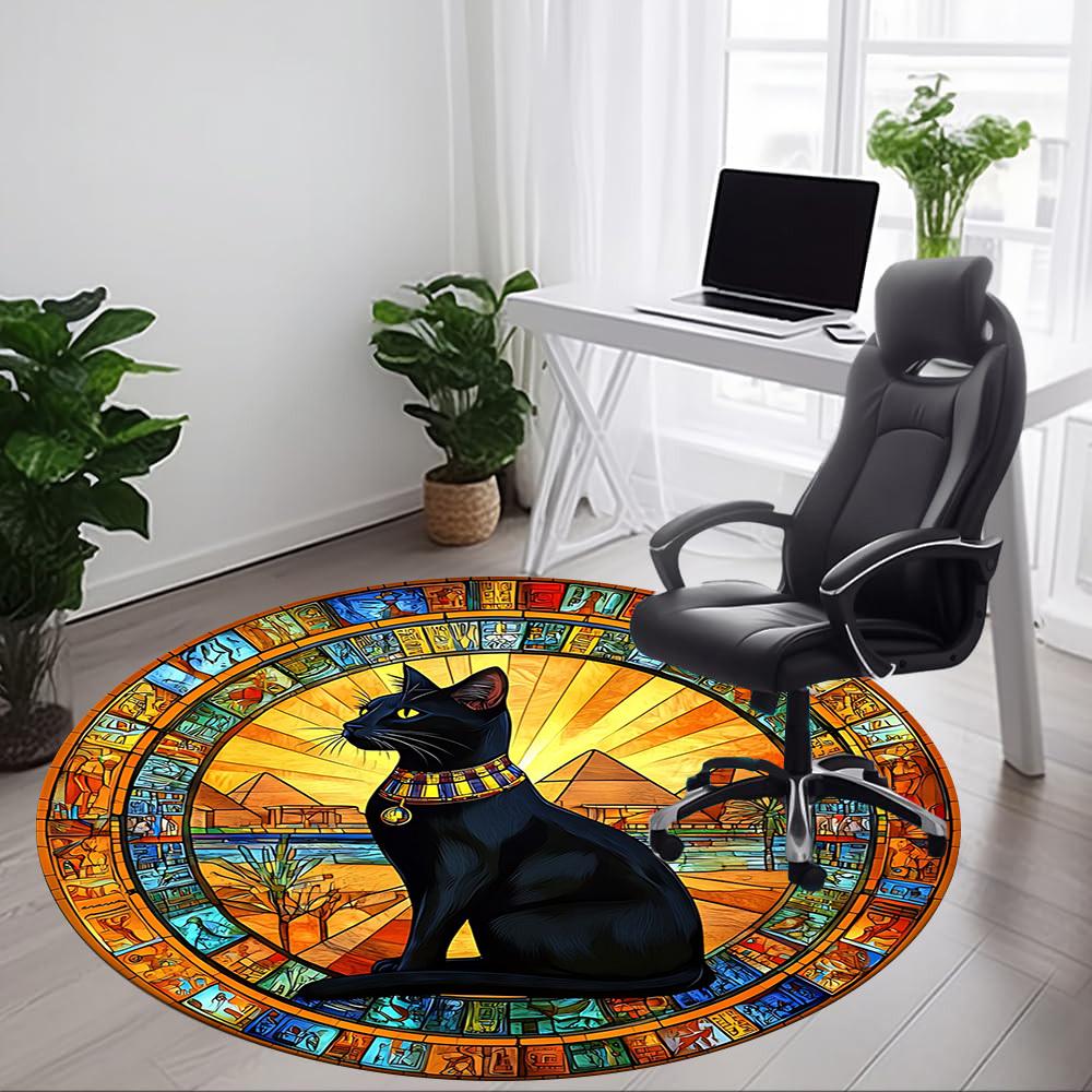 1 Stück Ägyptische Katze Büro Runder Teppich, Indoor-Matte Geeignet für Büro, Unter Bürostühlen Schlafzimmer Wohnzimmer Heimdekoration, Raumdeko