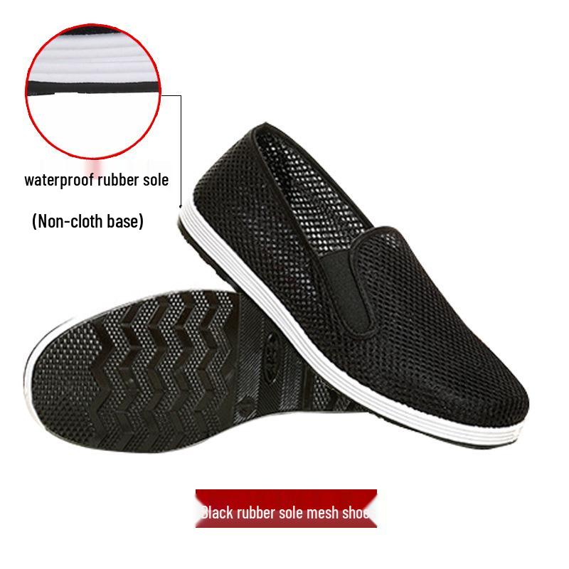 Men's Black Old Beijing Cloth Shoes - Slip-On, Mesh, Casual, Versatile, Tendon Sole