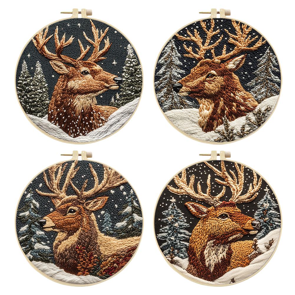 Elk In Forest Stamped Cross Stitch Embroidery Kits with Hoop Cloth Color Thread