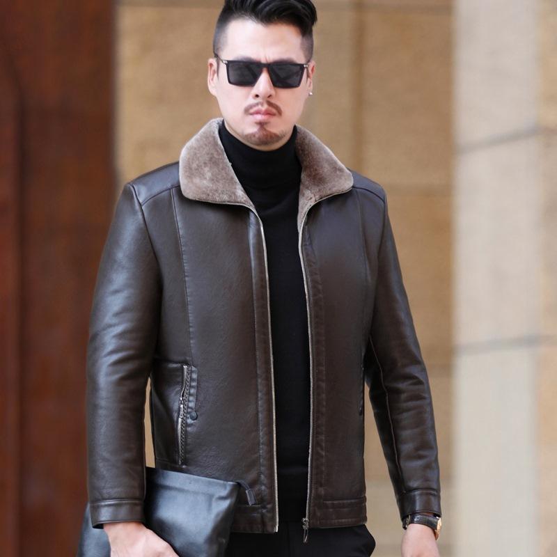 Chaqueta de piel de oveja auténtica para hombre, chaqueta de piel de papá de una pieza con terciopelo, chaqueta de piel auténtica para hombre de mediana edad