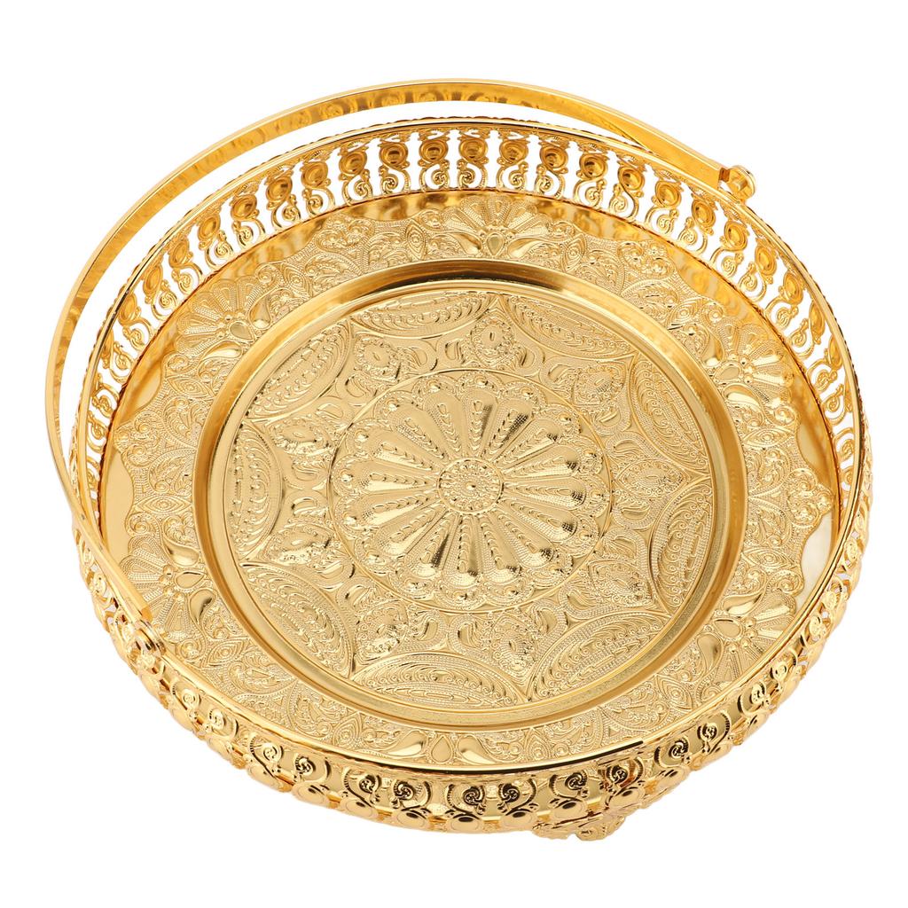 Retro Round Fruit Tray Exquisite Decorative Large Capacity Alloy Dessert Plate with Handle for Party