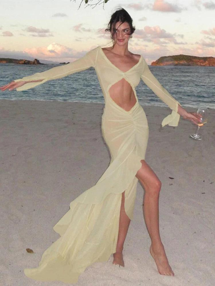 

Сексуальное длинное платье с глубоким V-образным вырезом для женщин, плиссированные платья с оборками, женское праздничное пляжное облегающее вечернее платье для леди M абрикосовый