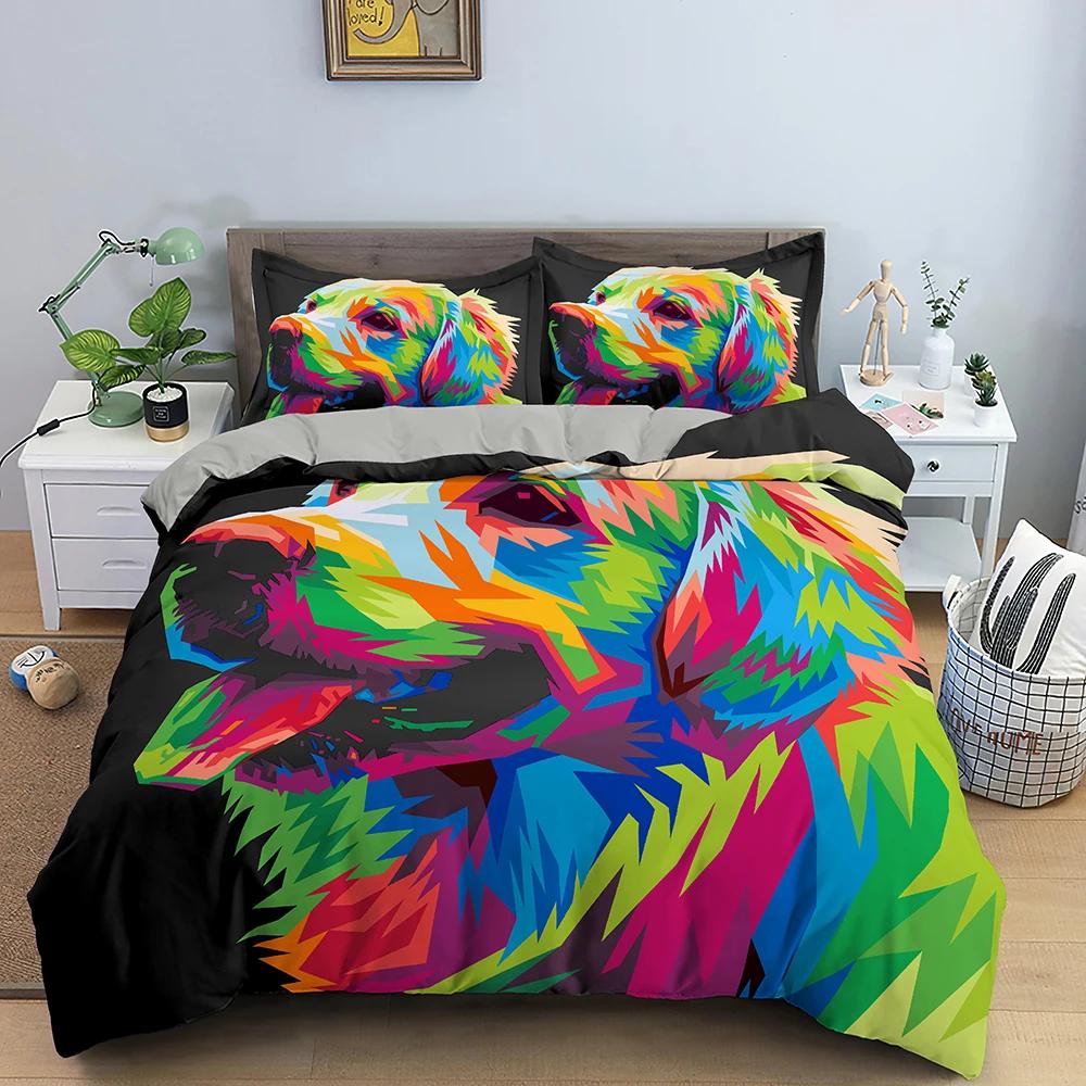 Watercolor Dog Bedding Set Cute Happy Colorful Puppy Duvet Cover Cartoon Bedding Decoration Queen for Women Children Girls Gift