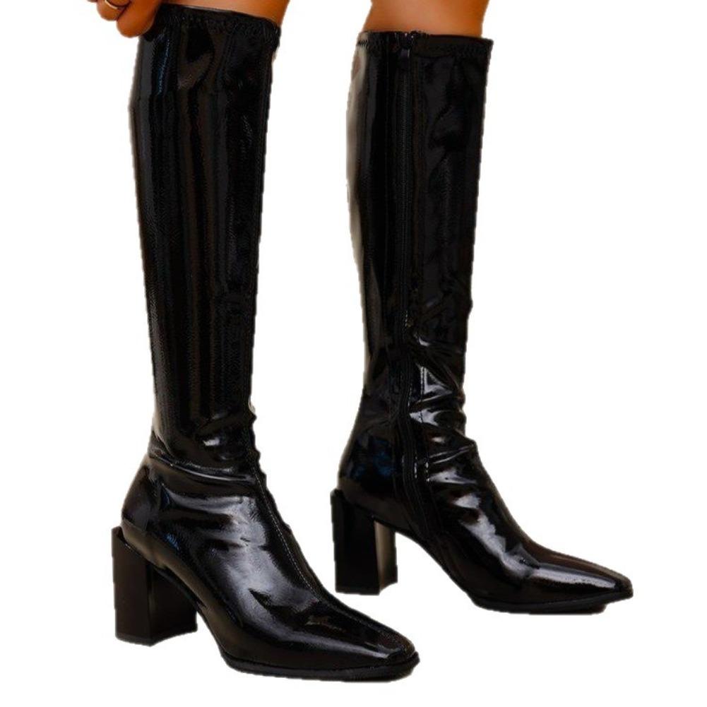 Módní dámské kozačky na vysokém podpatku z lakované kůže nad koleno Podzimní móda Čtvercová špička Dlouhé boty Dámské Zip Blokový podpatek Společenské šaty Boty