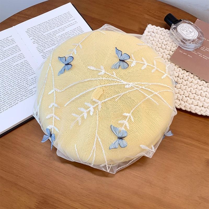 Three-dimensional hat mesh, sweet and cute butterfly beret, children's summer thin knitted face painter hat
