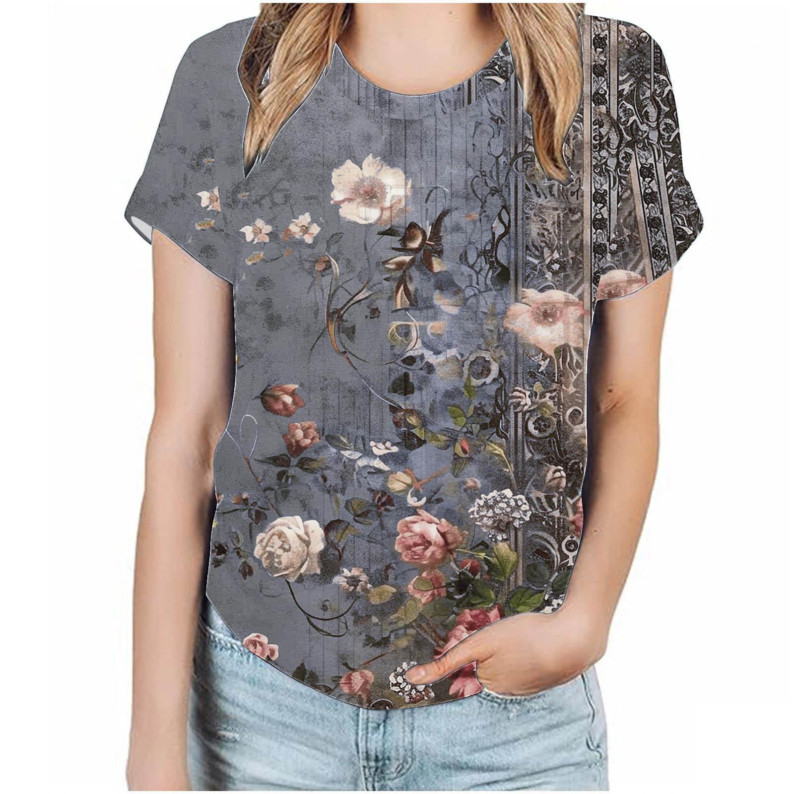 

Летний топ с круглым вырезом, 3D геометрическим узором и цветочным принтом, модная повседневная женская футболка с коротким рукавом 6XL