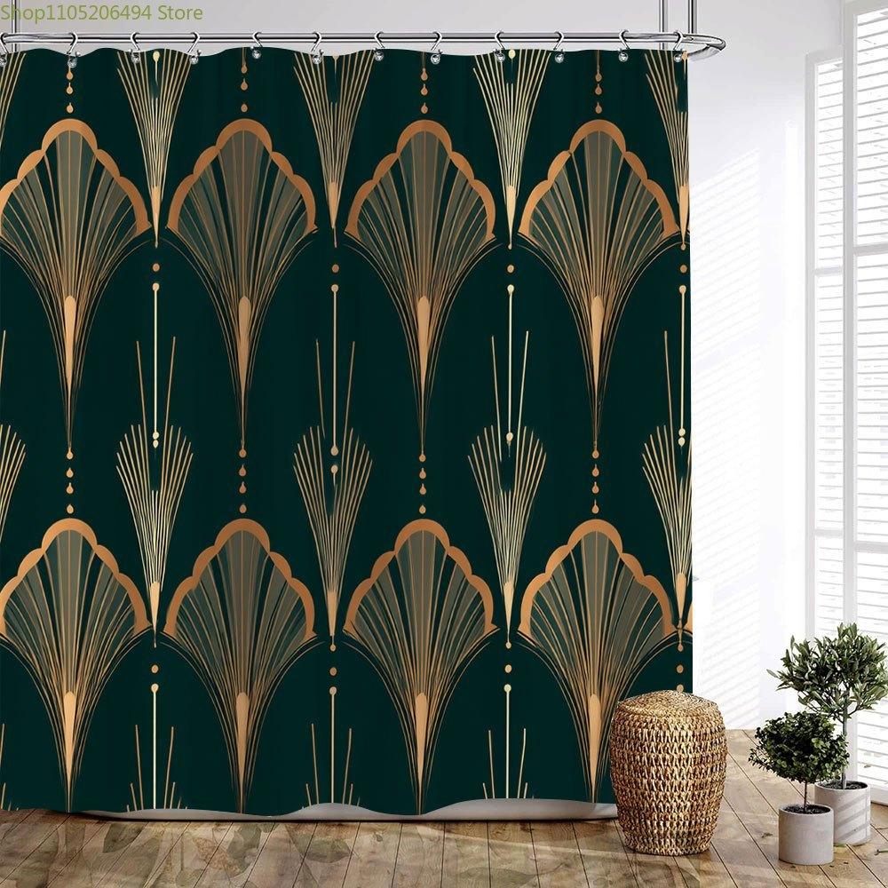 1pc Luxury Art Deco & Rooster Shower Curtain with Golden Cream Feathers & Deep Green Geometric Pattern - Vintage Elegant Bathr