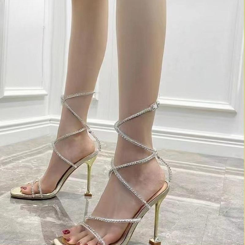 Fashion Elegant Women's Pumps Fashion Silver Rhinestone Sexy Pumps Summer Lady Fine Heel Open Toe Comfort Not Tired Foot Sandalias Mujer