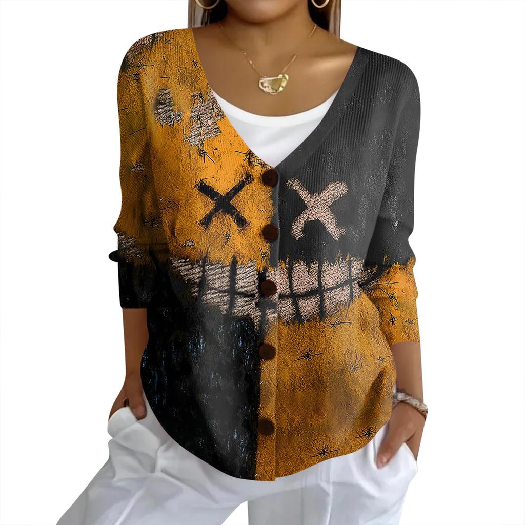 Women's Fashion Casual Knit Sweater Button-Up Halloween Printed  Cardigan Jacket