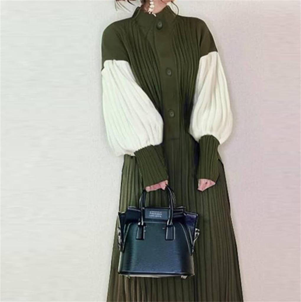 YUANYUAN Knit Winter Long Glue Puff Voluminous Loose Winter Sizes Women's Dress, Pleated, Wear, Length, Neck, Sleeves, Color-Matching, Ribbon,