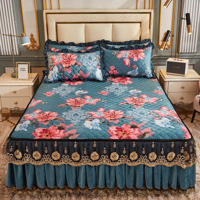 High Grade Winter Crystal Velvet Thicken Quilted Bedspread King Queen Size Flannel Quilting Bed Skirt Including Pillowcase