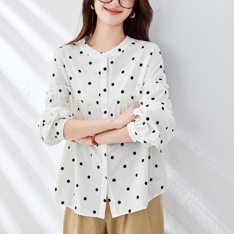Polka Dot Round Neck Top Womens Long-sleeved Summer Comfortable Fit Everyday Tops Wood Ears Pure Cotton Top