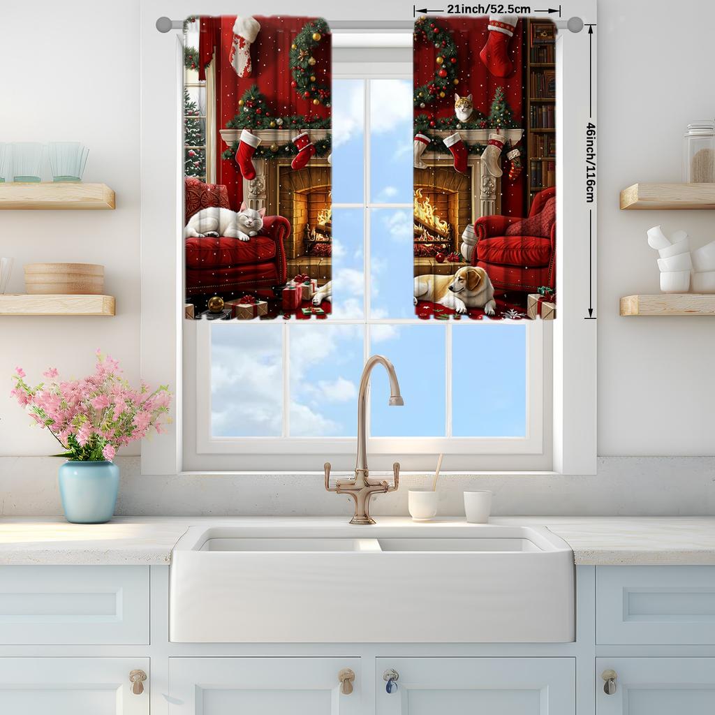 2pcs Christmas Fireplace Printed Curtain for Christmas Home Decor - Rod Pocket Window Treatment for Bedroom, Office, Kitchen