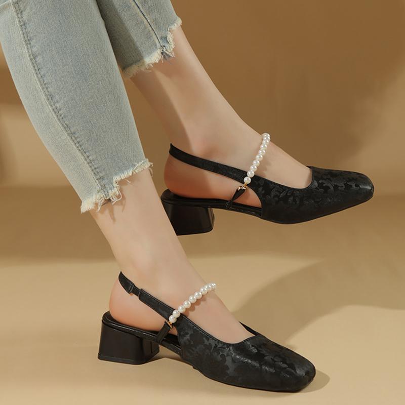 Fashion Women's Fashion Baotou Sandals Summer New Square Head Shallow Mouth Satin Beaded Slip-on Temperament Thick Heel Shoes