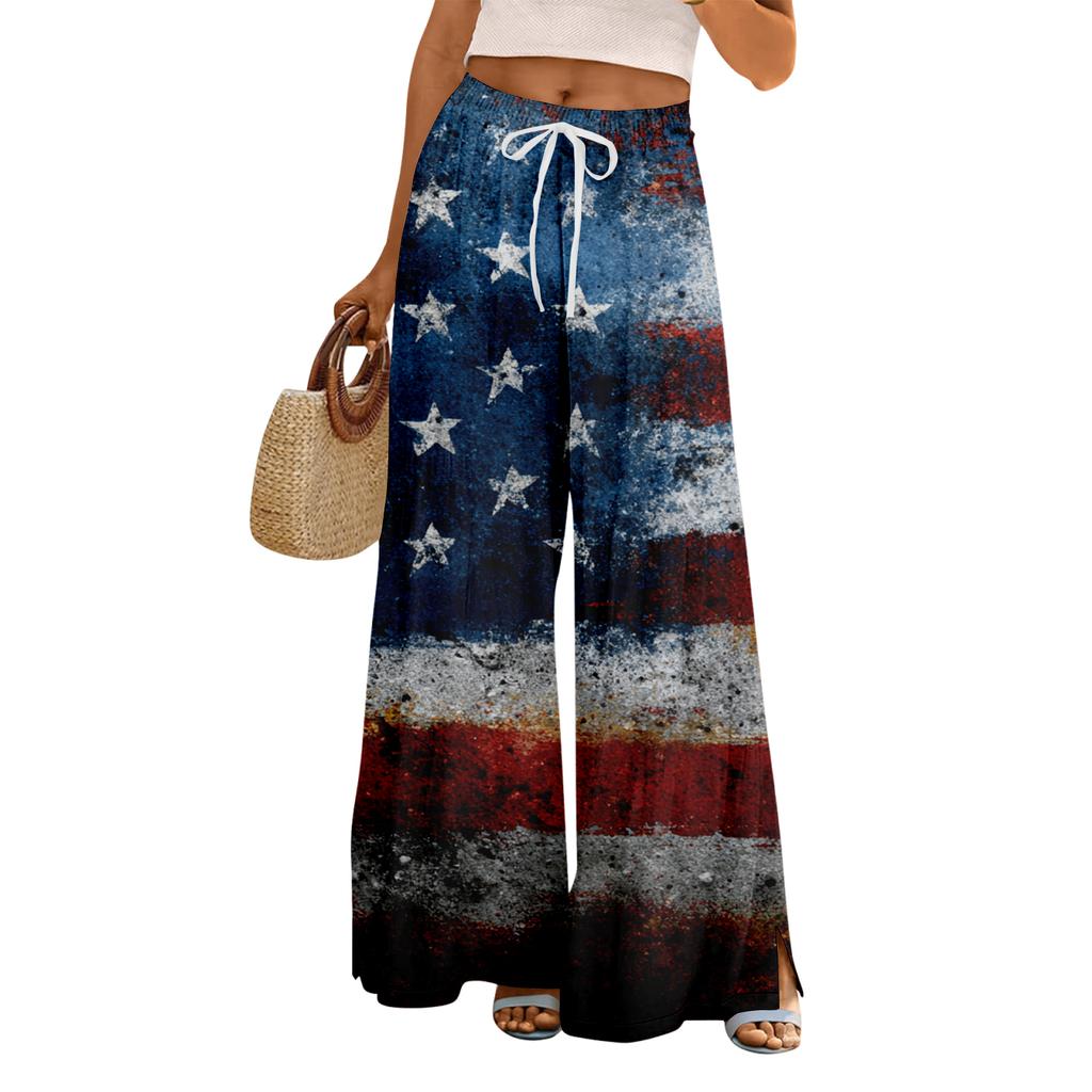 Women Summer Boho Palazzo Pants High Waist Wide Leg Floral Printing Casual Trousers With Pockets