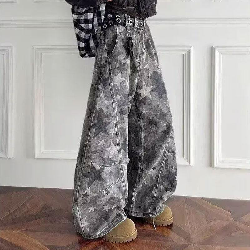 Men All Over Star Print High Waist Wide Leg Denim Cargo Pants