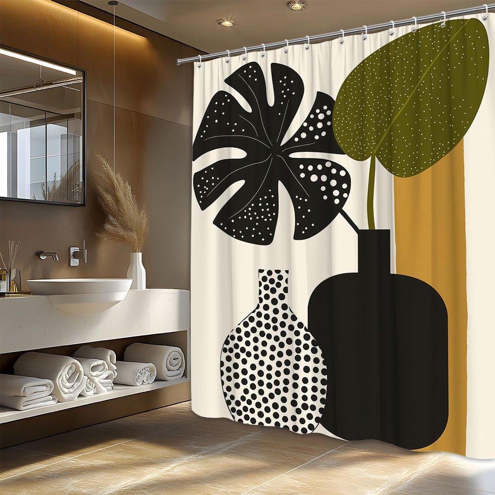 1pc Minimalist Geometric Art Shower Curtain - Monstera Leaf, Black Vases & Dots on Beige, Modern Design, Polyester