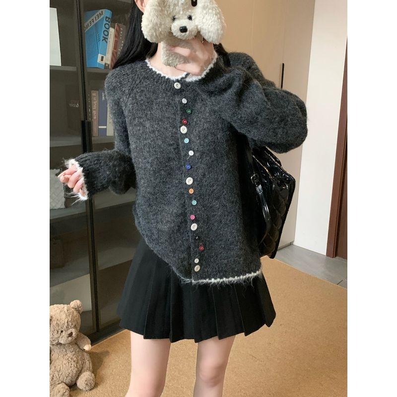 Kumikumi Sweet Chic Color Button Sweater Outwear Female Autumn Loose Slim Looking Niche Style Anti-Aging Top