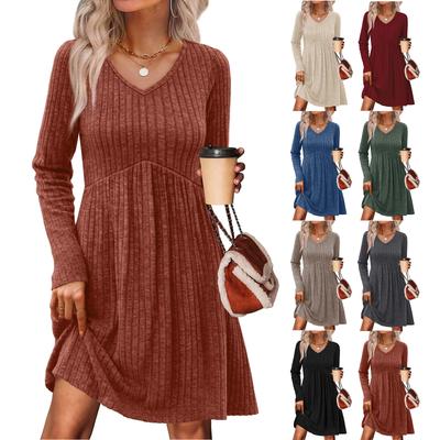 Women's Long-sleeved V-neck High-waisted Elastic Pocket Striped Dress