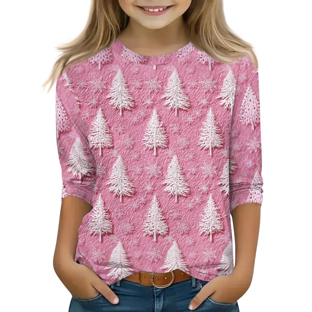 Children's 3/4 Sleeve Tops Casual Christmas Print T Shirt Round Neck Pullover Blouse
