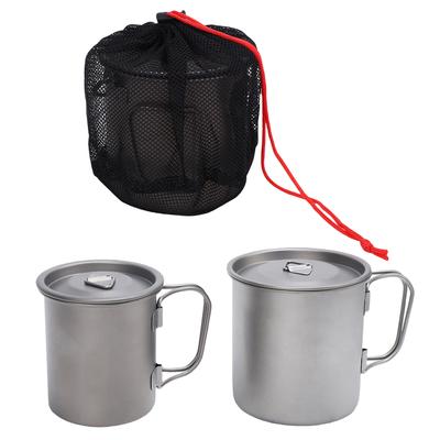 2pcs Camping Cup Ti Coffee Mug with Folding Handle Lid and Net Bag for Camping Hiking Travelling
