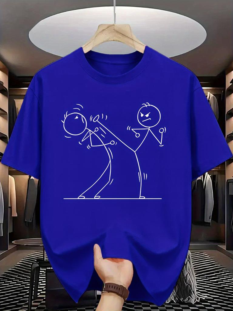 Unisex Crew Neck Tee Funny Fight Stick Figure Line Graphic Print Soft Cotton Loose Short Sleeve Summer Casual Male Streetwear Tops