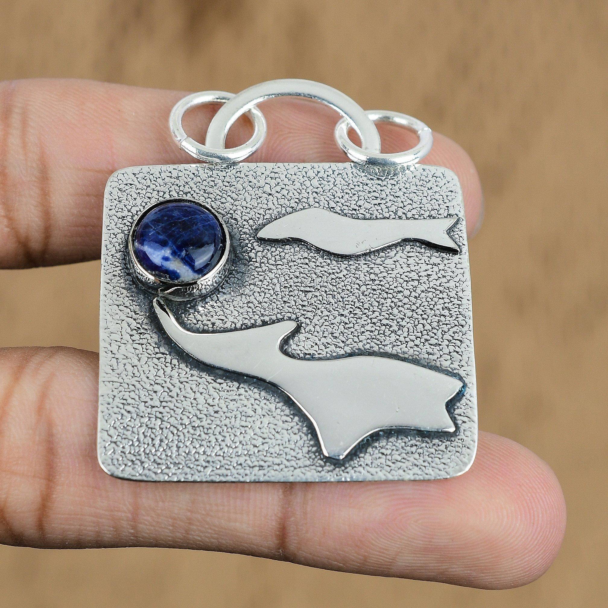 

Natural Sodalite Gemstone Pendant Handmade 925 Sterling Silver Indian Jewelry