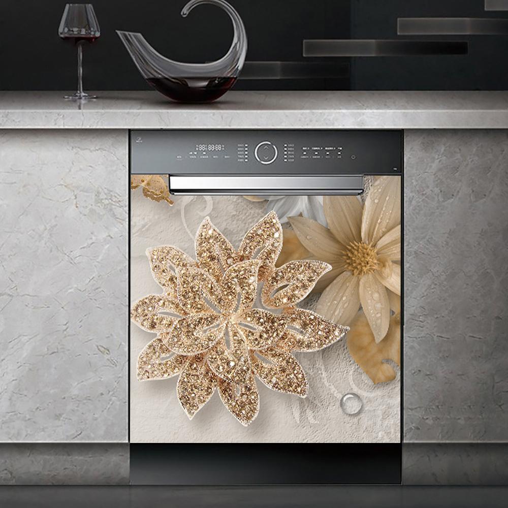 Lotus White Rose Kitchen Dishwasher Door Sticker Home Furniture Renovation Waterproof Vinyl Wallpaper Buddha Flower Room Decor
