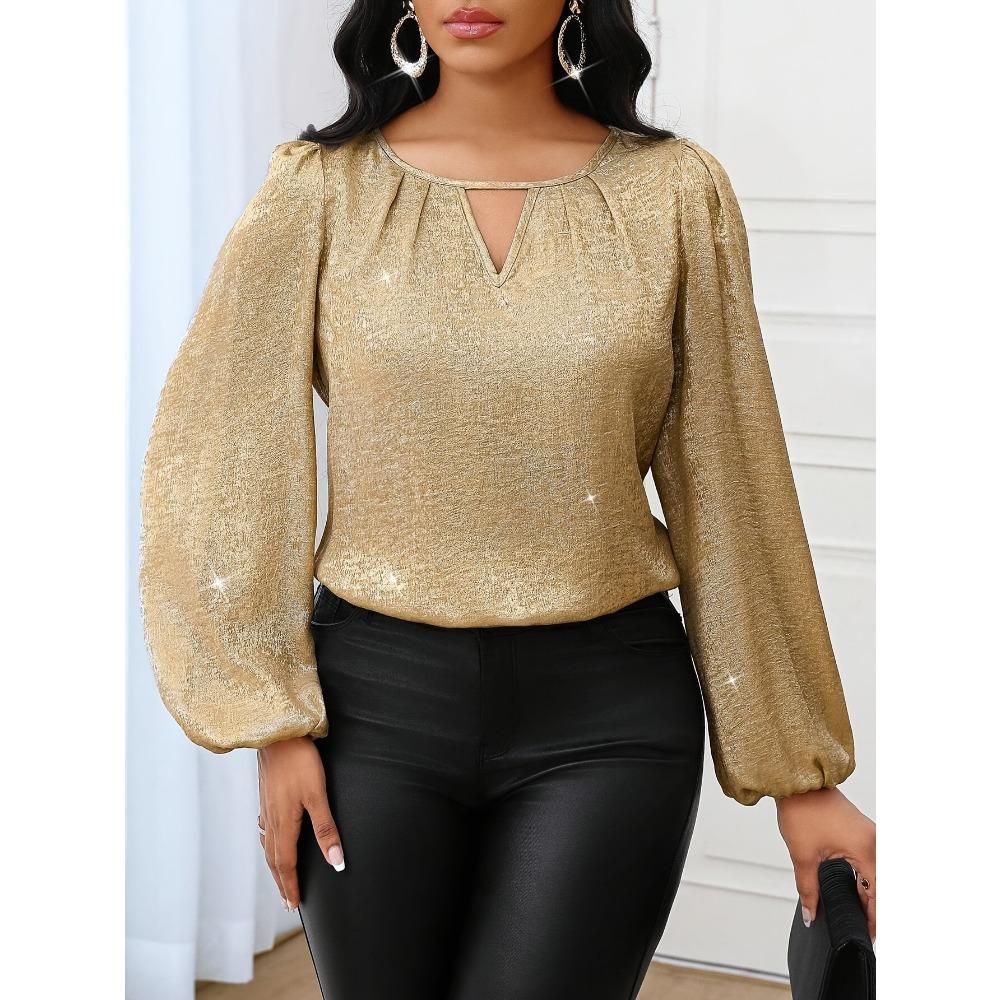 Elegantní směrová dámská metalická zlatá halenka - Lopatkový výstřih, lucernový rukáv, top s dlouhým rukávem, pro čtyři roční období, pro svatebního hosta a do práce