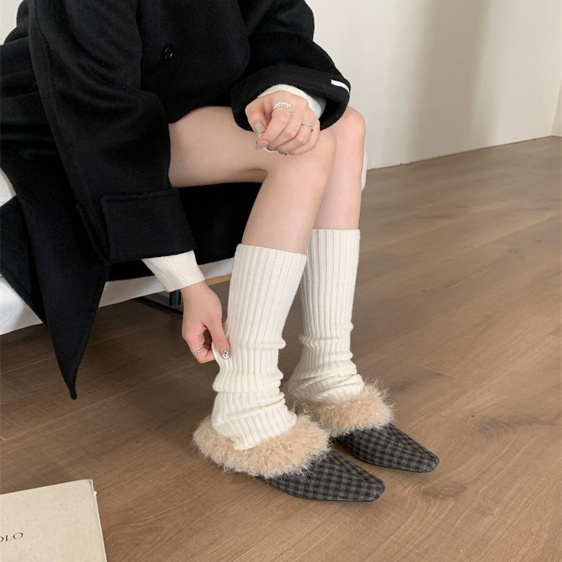 Korean version of square head plush shoes single shoes women's 2025 warm cotton shoes French thick heel retro black small leather shoes