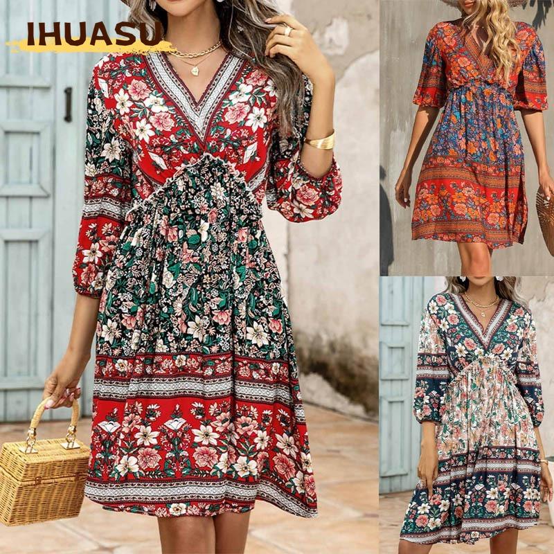 IHUASU Fashion Summer Spring 3/4 Sleeves V-Neck Casual Dresses
