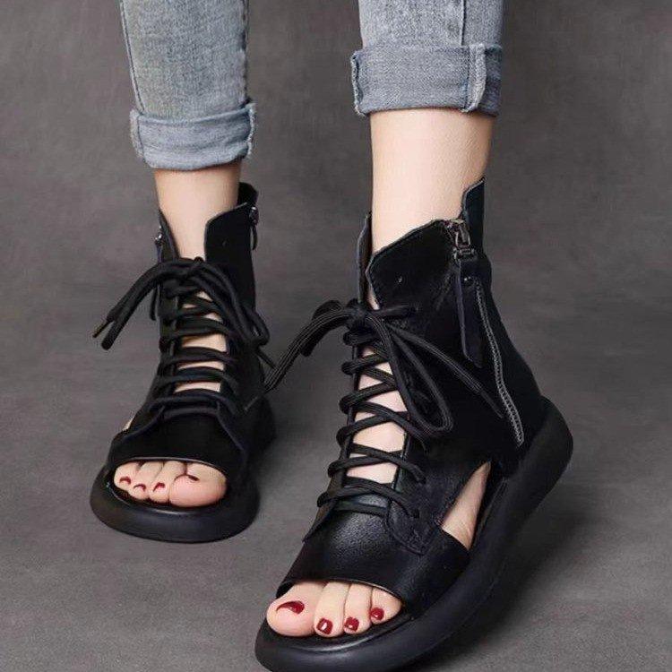 Roman Sandals High-top Fish Mouth Sandals Women's Flat-bottomed Breathable Retro Martin Boots 2025 Summer New Hollow Straps