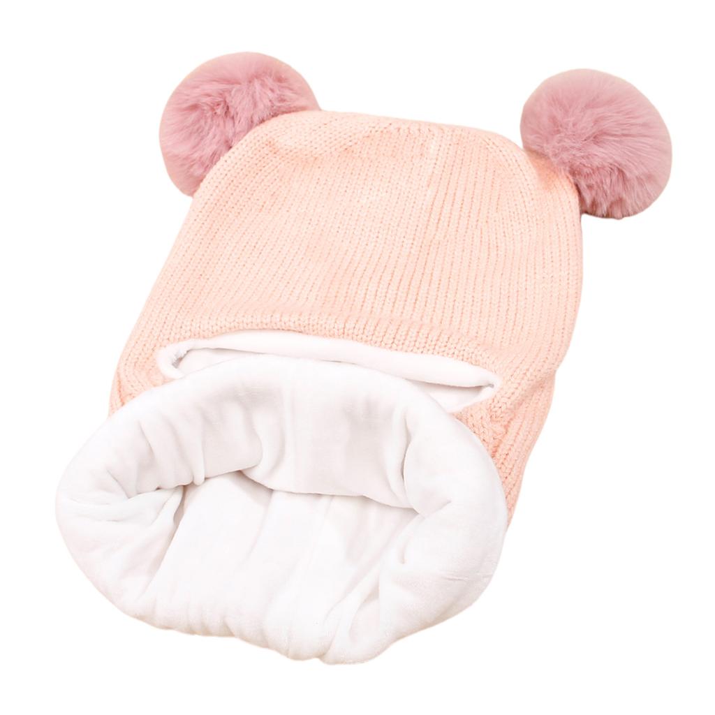 Winter Kids Balaclava Hat Double Pompom Knit Beanie Cap for Baby Boy Girl Warm Thick Fleece Lining Children One-piece Hat Scarf