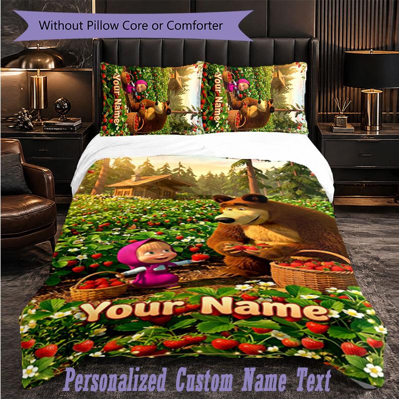 Personalized 3Pcs Bedding SetMasha and the Bear Custom Text Duvet Cover Pillowcase Set Bedroom Gift