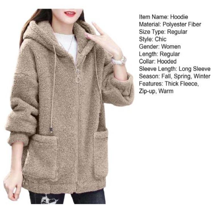 Winter Women Fleece Hoodie Windproof Thick Outerwear Cardigan Jacket with Drawstring Hood Full Sleeves Zipper Closure
