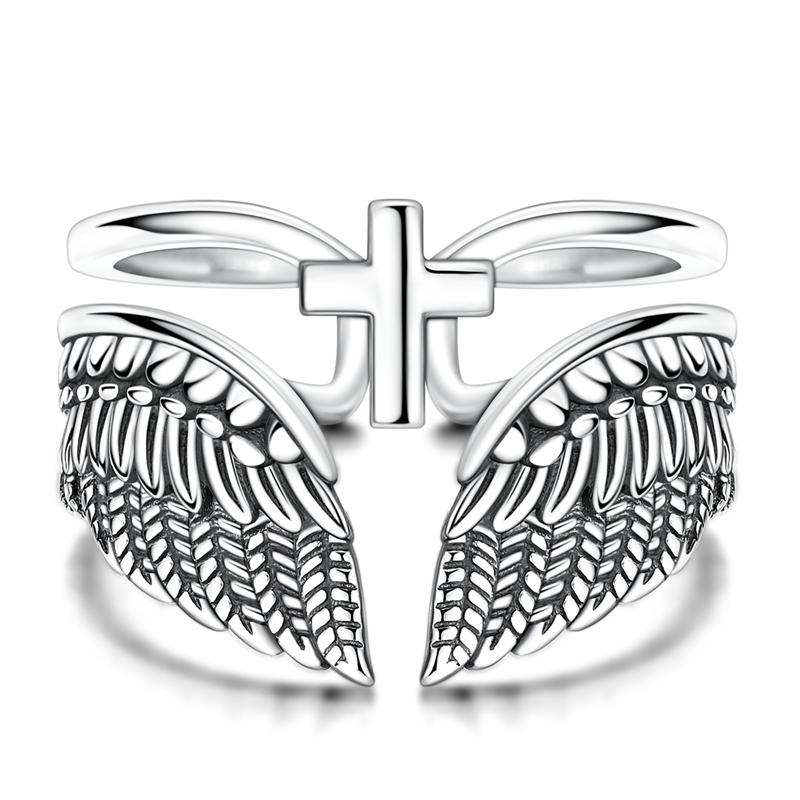 925 Sterling Silver Vintage Angel Wings & Cross Double Band Ring Adjustable Open Ring for Women Girls Daily Wear Jewelry Gift