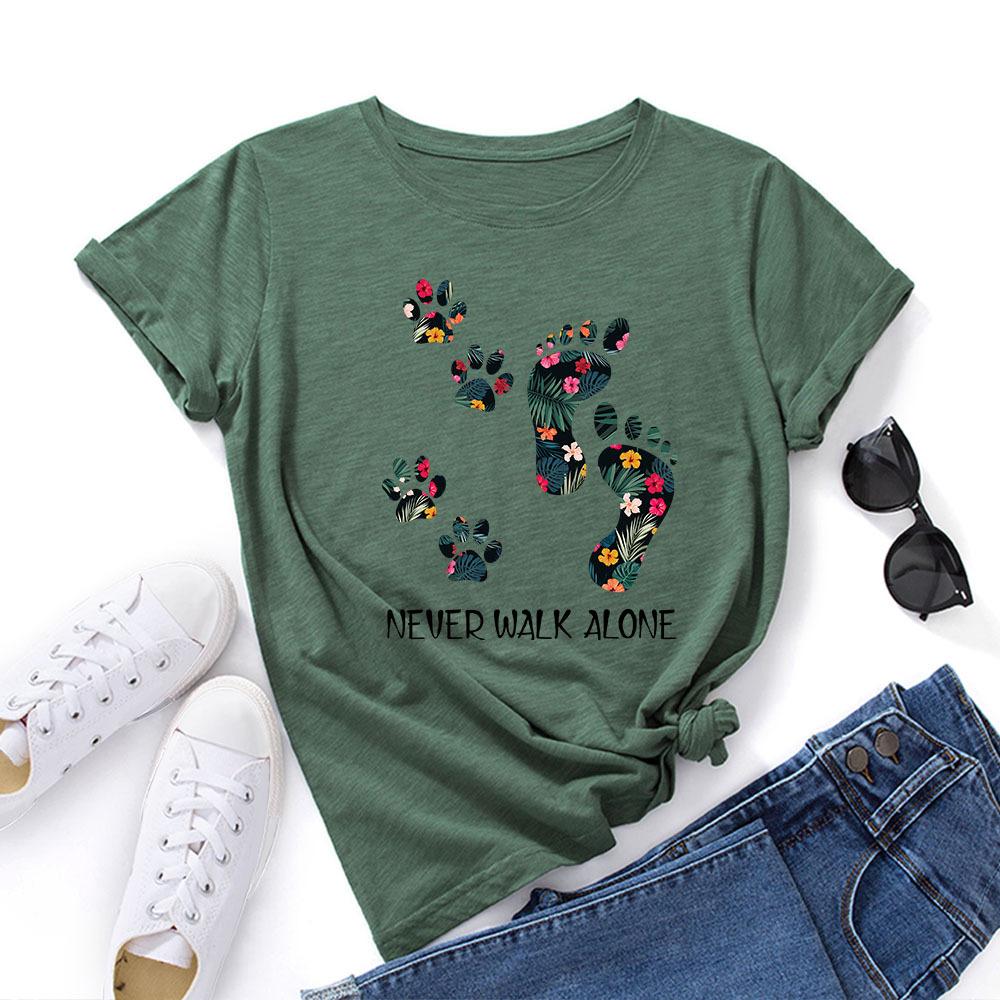 Never Walk Alone Cotton T-Shirt Short Sleeve Round Neck Women 2d Print Tops