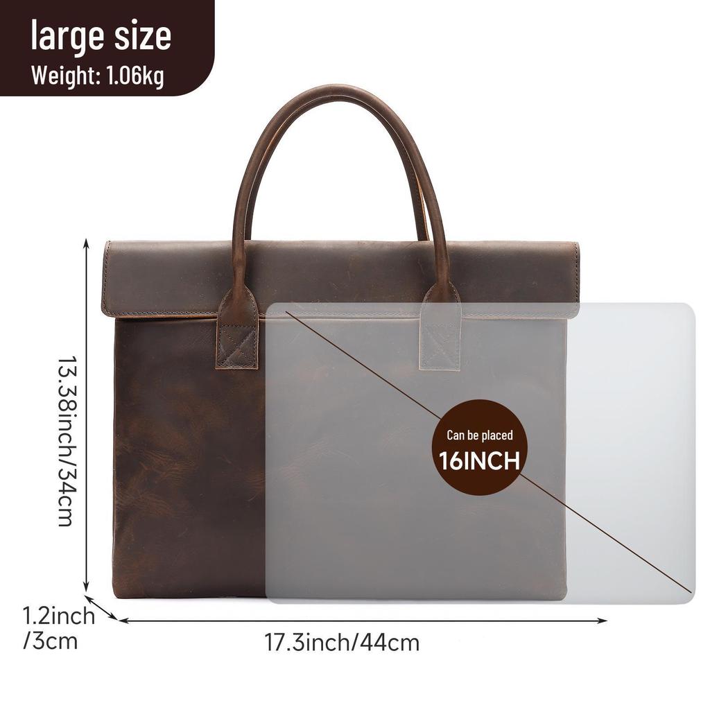 Men's Crazy Horse Leather Briefcase: Genuine Leather Business Casual Handbag with Computer and File Storage.
