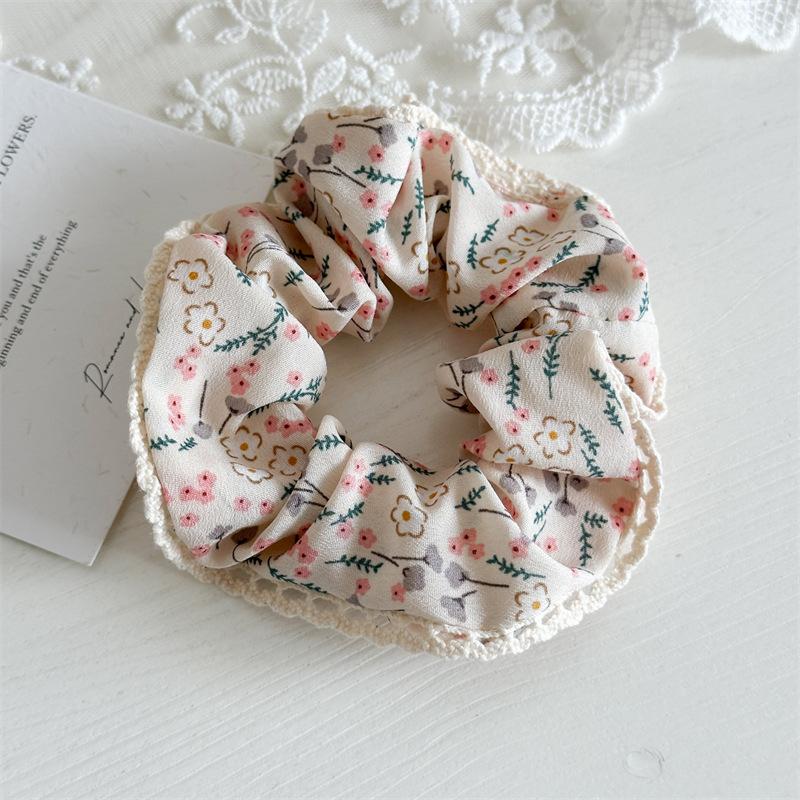 

Vintage Floral Print Lace Trim Hair Scrunchie Set Elastic Ponytail Holder Soft Fabric Hair Band Women Daily Fashion Accessory XXS бежевий