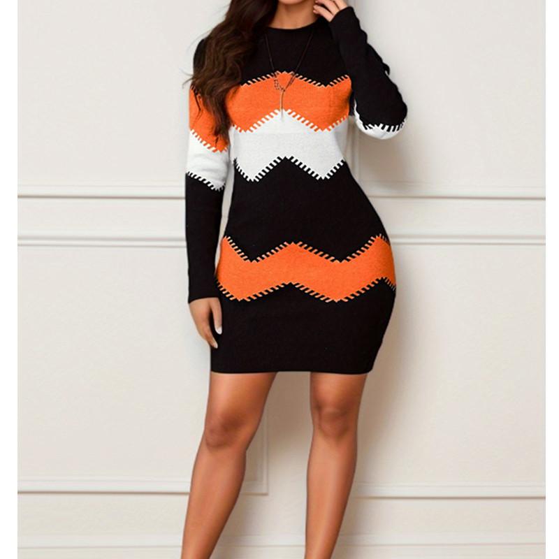 Women's Color Block Knit Sweater Dress Crew Neck Long Sleeve Chevron Print Bodycon Mini Dress
