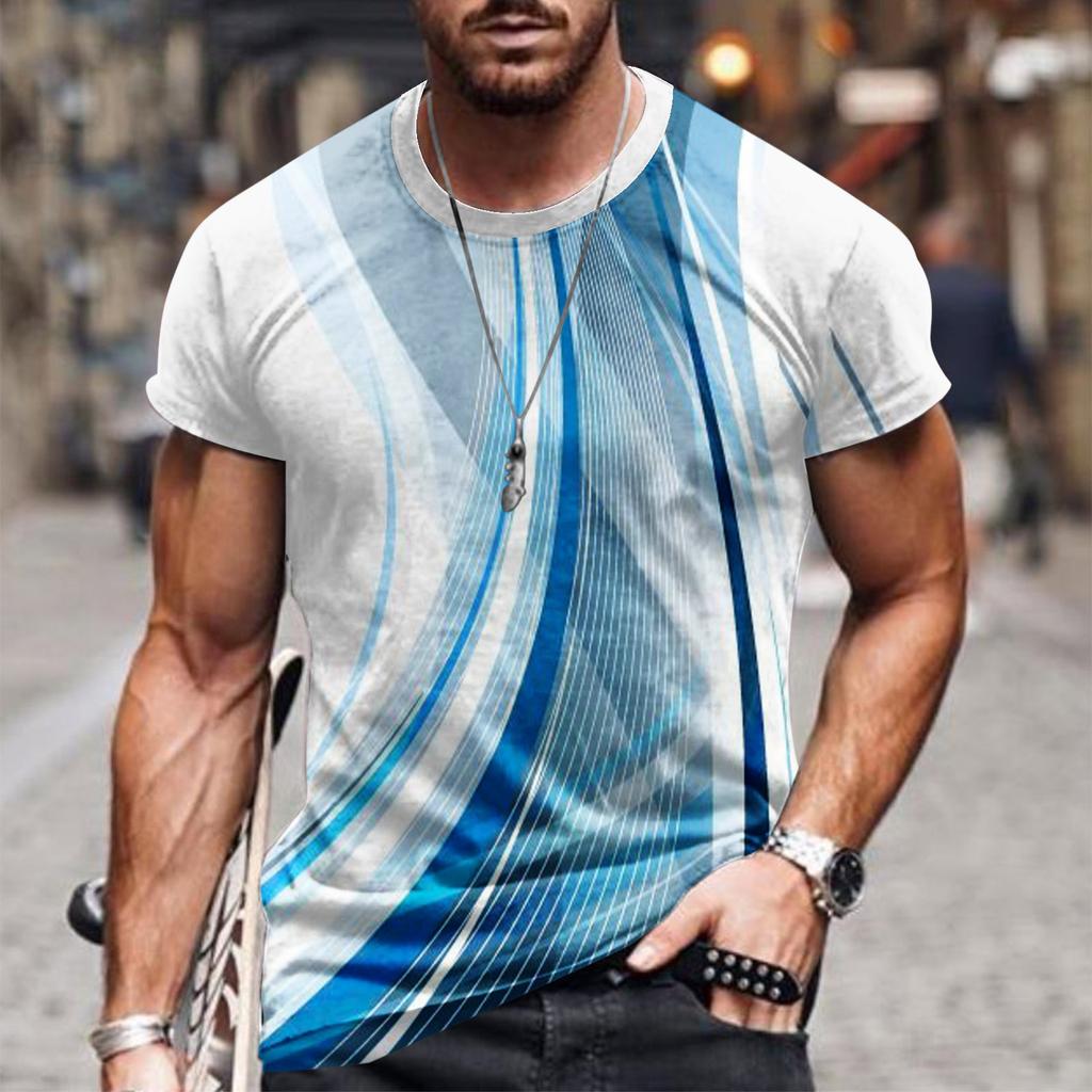 Summer Round Neck 3D Line Print Top Fashionable Casual Short Sleeved Men's T-shirts
