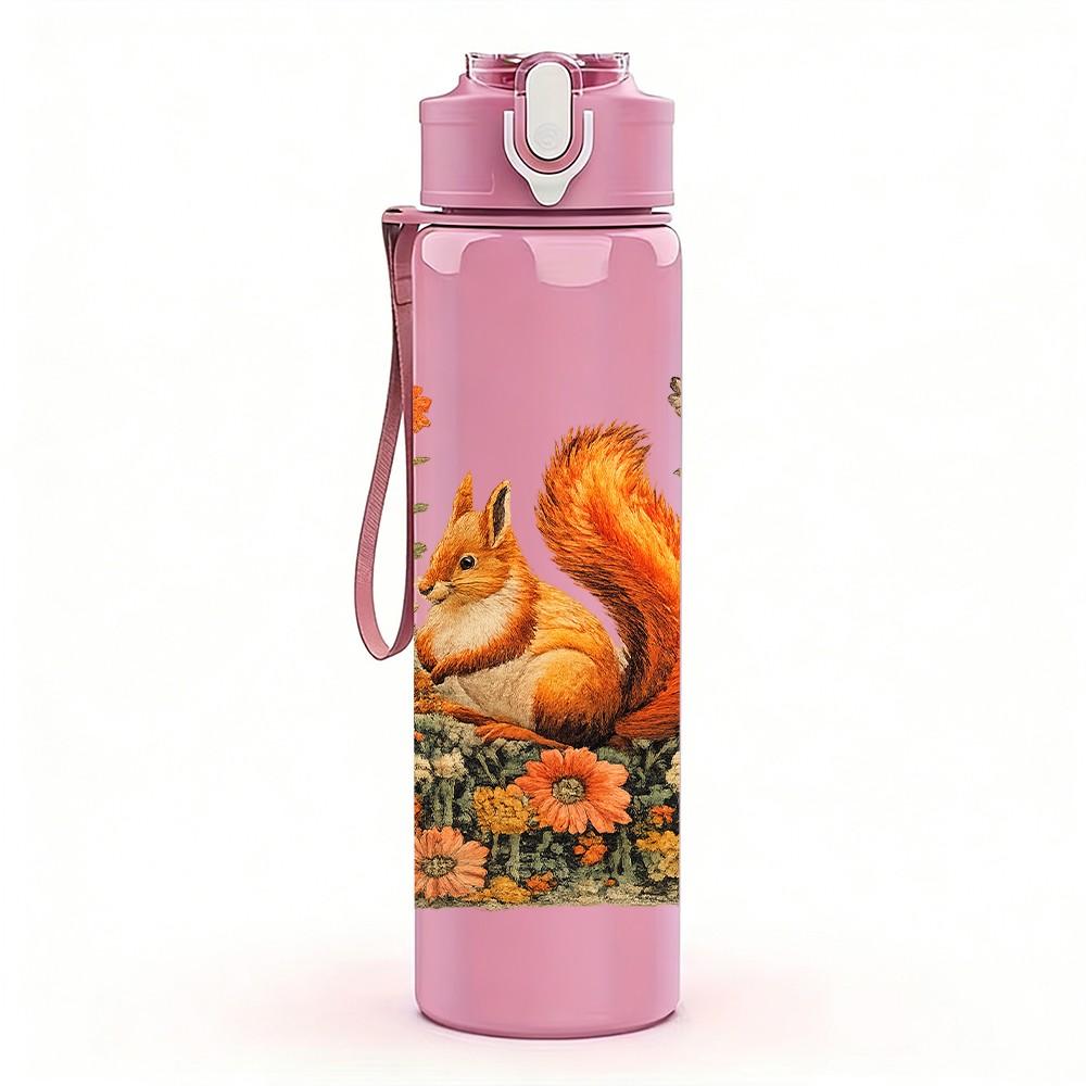 1PC Squirrel Autumn Harvest Scene Print 750ml Color Plastic Sports Water Bottle Leakproof Flip Straw Lid Suitable for Sports Office Home Use