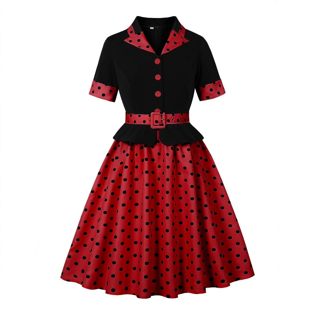 Retro Colorblock Polka Dot Short Sleeve Dress with Turn-Down Collar - Elegant Spring/Summer Style