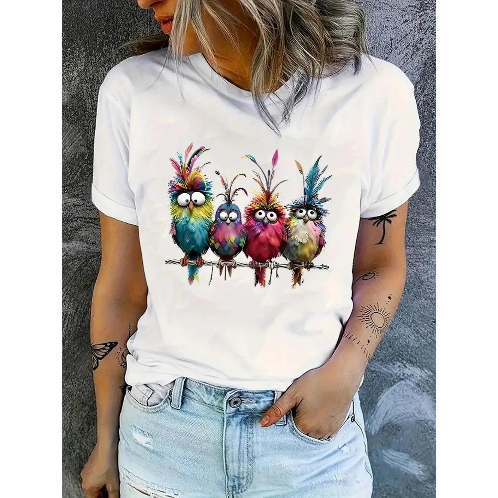 Sonnenblumen- und Busmuster Rundhals Übergröße Damen T-Shirt Kurzarm Trenddruck Elastisches Halbsleeve T-Shirt