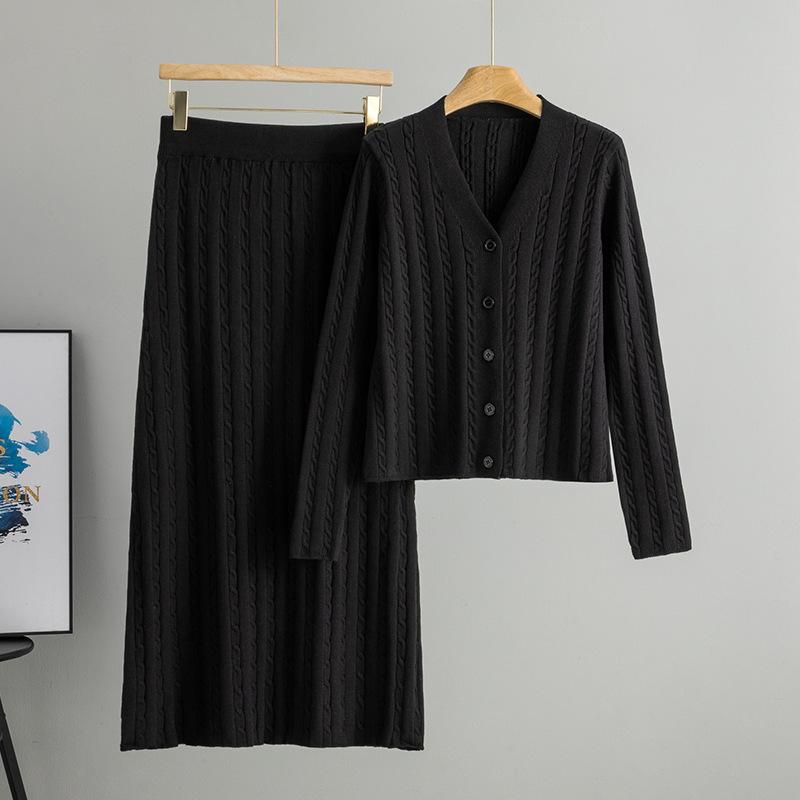 Fashionable Set of Linen Pattern Knitted Cardigan Top for Women's Autumn and Winter New High Waist and Hip Skirt
