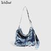 Dámská džínová crossbody taška, velká kapacita, trendy styl, distressed praný denim, retro nákupní taška.